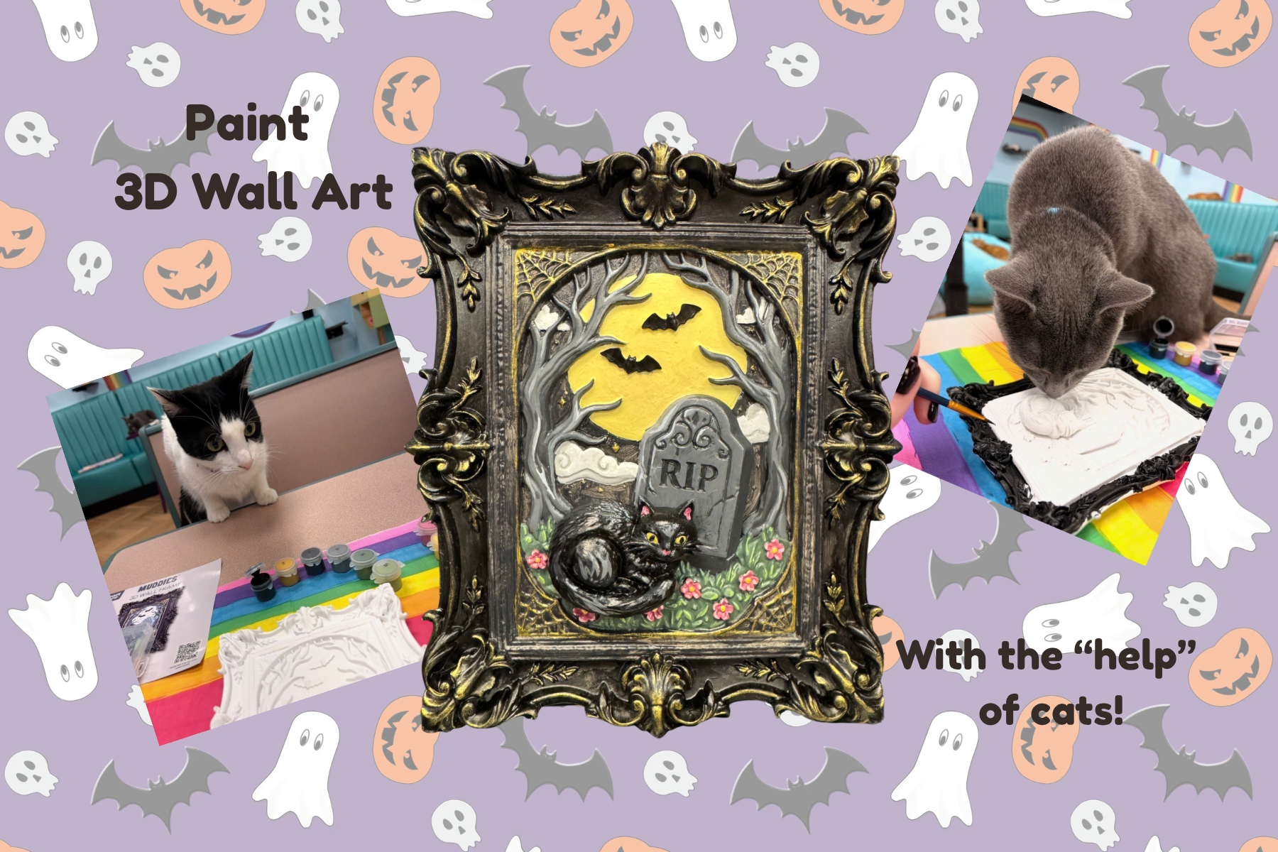 Halloween 3D Wall Art Painting w/Cats